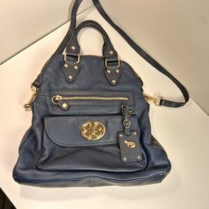EMMA FOX Navy Blue Leather Crossbody Satchel Gold Hardware Winter Handbag Purse